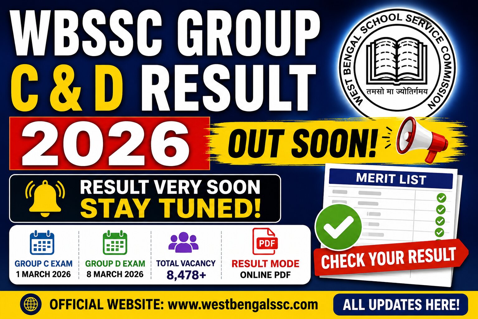 WEST BENGAL WBSSC Group C and D  Exam Result 2026, Merit List PDF
