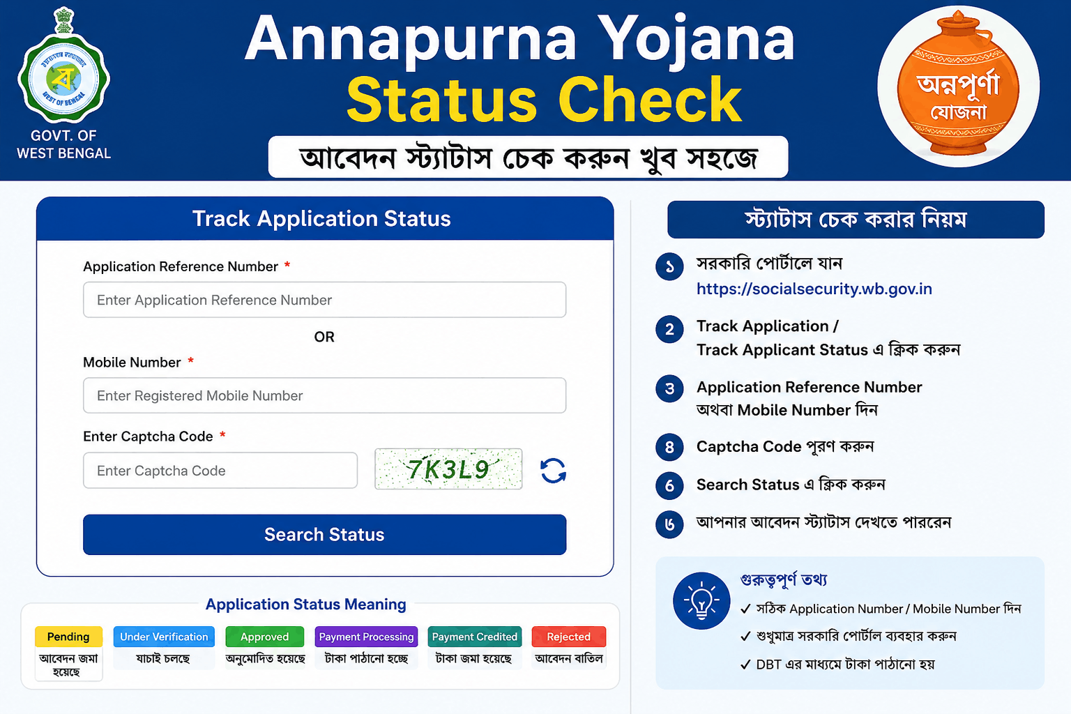 Annapurna Yojana Status Check 2026 | অনলাইনে আবেদন স্ট্যাটাস দেখুন